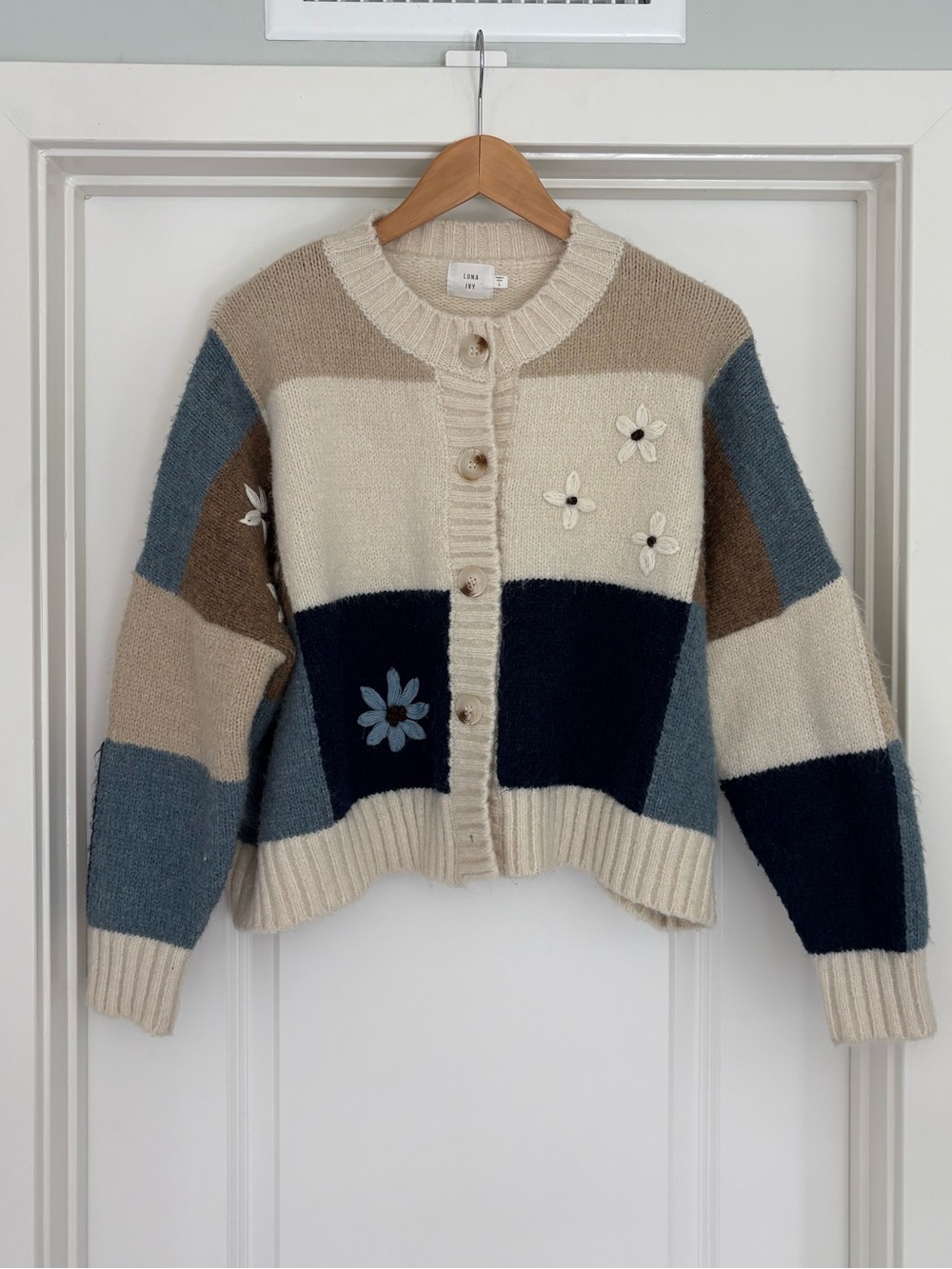 Luna Ivy Patchwork Embroidered Flower Oversized Slouchy Cardigan L